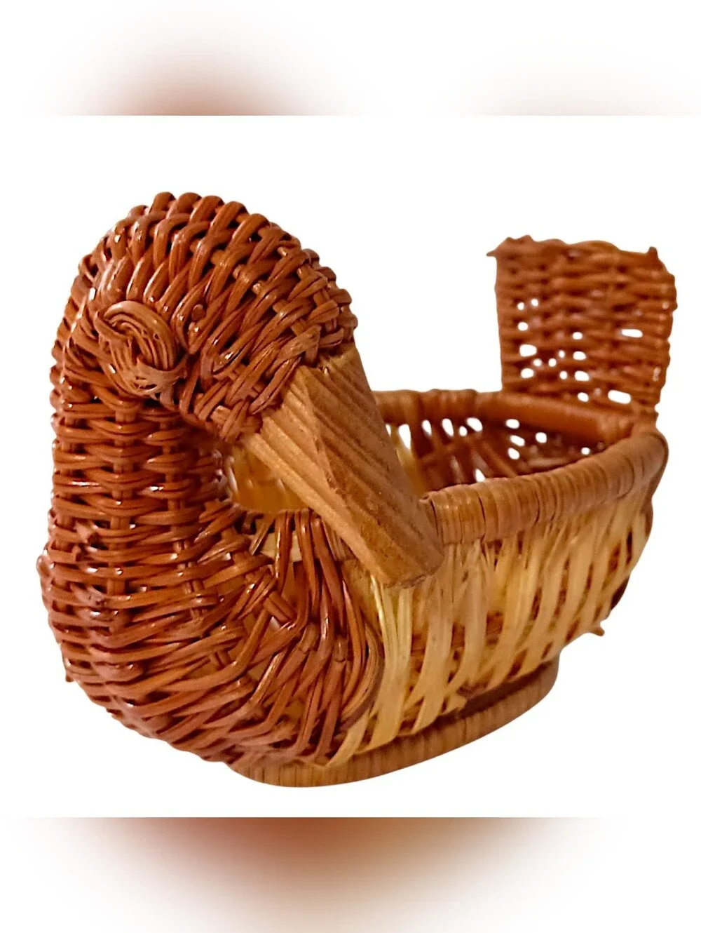 Vtg Mini Wicker Duck Goose Basket Planter Succulents Brown Figural Cottage Core